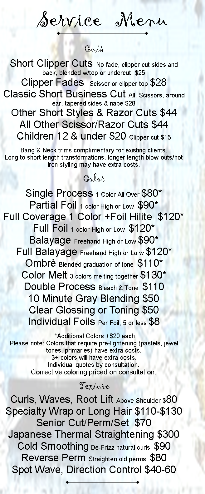 Services offered at Looking Glass Salon